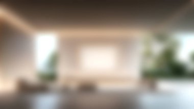 Basit mobilyaların ve açık hava manzarasının sergilendiği şık, modern bir minimalist oturma odası. Ev dekorasyonu için mükemmel..