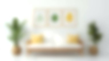 Canlı yeşil bitkiler ve zarif yaprak sanat eserleriyle çevrili, sarı yastıklı şık beyaz bir kanepenin olduğu modern, güzel bir oturma odası. Ev tasarımı için mükemmel..