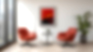 Zarif kırmızı sandalyelerin, parlak yuvarlak bir masanın ve enerjik soyut sanatın yer aldığı rahat, modern bir oturma odası. Doğal ışık ve kapalı alan bitkileriyle huzurlu bir atmosferin tadını çıkar..