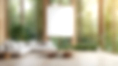 Geniş pencereli, dingin orman manzaralı, rahatlatıcı ve ilham verici, modern tasarımı en az dekorla sergileyen parlak ve havadar bir oturma odası..