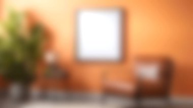 Hoş bir oturma odası sahnesi, şık bir kahverengi sandalye, canlı turuncu bir duvar, saksı bitkisi ve sanatsal yerleştirme için hazır boş bir çerçeve. Bu davet eden uzay modern tasarım elementlerini sergiliyor rahatlık ve rahatlama için mükemmel.