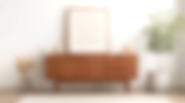 Modern ahşap mobilyaların bulunduğu şık bir oturma odası, asgari dekor şeması ve canlı bir bitki. Modern iç tasarım fikirlerini sergilemek için mükemmel..