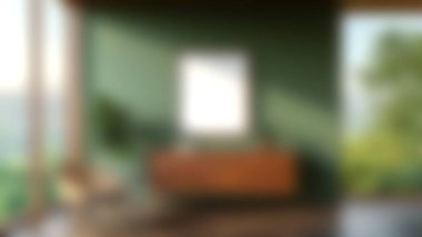 Parlak ve havadar modern oturma odası minimalist dekor, şık ahşap bir dolap ve sakin yeşil bir manzaraya açılan büyük bir pencere, sakin bir atmosfer yaratıyor..