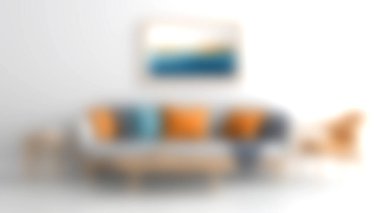 Canlı aksanlı yastıklarla süslenmiş, ahşap bir masa ve soyut duvar sanatı eşleştirilmiş, huzurlu ve modern bir atmosfer sunan gri bir kanepenin bulunduğu şık bir oturma odası..