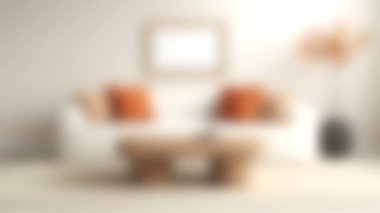 Dekoratif yastıklarla süslenmiş rahat bir kanepe, eşsiz bir ahşap sehpa ve şık bir iç mekan bitkisi olan büyüleyici bir modern oturma odası..