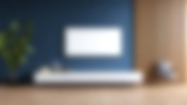 Mavi bir duvarı, ahşap aksanları ve zarif mobilyaları olan modern bir minimalist oturma odası. Bu sakin alan şık bir sandalye, zarif bir depolama ünitesi ve rahat bir atmosfer yaratan canlı bir kapalı bitki içeriyor..