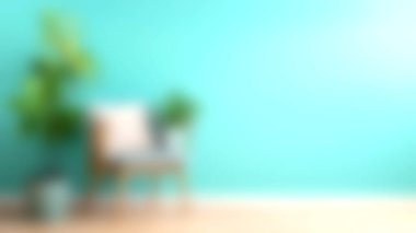 Güzel yeşil bitkilerin yanında yastıkla süslenmiş modern bir sandalyenin yer aldığı sakin bir sahne, odanın parlak atmosferini artıran açık mavi bir duvara dayanır..