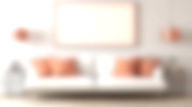 Modern bir oturma odasında, kumaşlı yastıklarla süslenmiş beyaz bir kanepe, sıcak kolye ışıkları ve rahat ve şık bir atmosfer yaratan minimalist bir dekor sergileniyor..