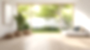 Bu parlak ve havadar minimalist oturma odasında geniş pencereler sergileniyor. Serin bir bahçe manzarası sergiliyor. Rahatlamak için sakin bir atmosfer yaratıyor..