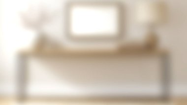 Bu zarif minimalist konsol masası dekoratif bir vazo, lamba ve boş bir sanat çerçevesi ile çağdaş dekor sergiliyor. Rahat bir ev ortamı için mükemmel..