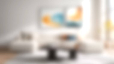 Zarif bir kanepe, soyut duvar sanatı ve şık bir sehpanın yer aldığı modern bir oturma odası rahatlama ve estetik için mükemmel bir alan yaratıyor..