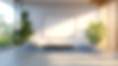 Minimalist dekorun, doğal ışığın ve kapalı alandaki yemyeşil bitkilerin bulunduğu sakin, modern bir yaşam alanı. Rahat bir ortamda rahatlama ve ilham için idealdir..