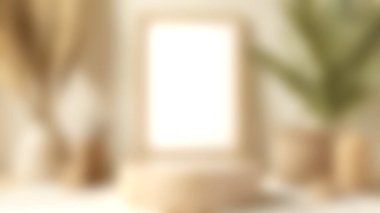 Boş bir çerçeve, dekoratif vazolar ve bereketli ev bitkilerinin serin ve davetkar bir yer oluşturduğu güzel stil bir minimalist ev dekorasyonu sahnesi.