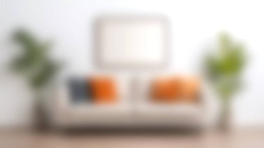 Bu modern oturma odasında, minimalist kaplarda yemyeşil bitkilerle çevrili renkli yastıklarla süslenmiş rahat bir kanepe, sakin ve davetkar bir atmosfer yaratıyor..