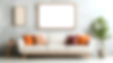 Turuncu yastıklarla süslenmiş rahat bir kanepe, duvarlarda çerçevelenmiş sanat eserleri ve hoş geldin dokunuşu için yemyeşil bir saksı çiçeği olan modern bir oturma odası..