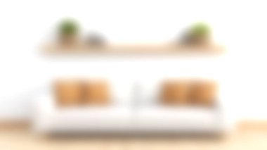 Kahverengi yastıklarla süslenmiş modern beyaz bir kanepenin olduğu şık ve rahat bir oturma odası. Yukarıdaki ahşap raf dekoratif eşyalar ve bitkiler sergiliyor, minimalist estetiği geliştiriyor..