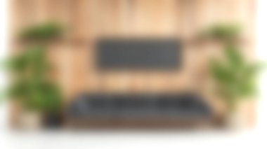 Parlak ve cezbedici modern oturma odası, ahşap bir aksan duvarına karşı koyu bir kanepe, canlı bitkilerle, taze ve şık bir ortam yaratıyor..