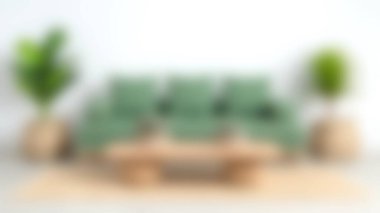 Parlak ve davetkar oturma odası sahnesi, çeşitli bitkiler ve ahşap bir sehpa ile çevrili, minderlerle süslenmiş şık yeşil bir kanepe. Ev dekorasyonu için mükemmel..