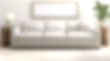 Lüks, modern bir bej kanepe, parlak bir oturma odasında, davetkar bir atmosfer için minimalist dekor ve doğal elementlerle dolu bir konfor ve tarz yayar..