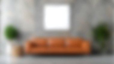 Rahat bir deri kanepe, zarif bir soyut sanat ve modern ev dekorasyonu ve iç dekorasyon için mükemmel yeşil iç mekan bitkilerinden oluşan şık bir oturma odası..