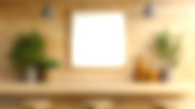 Ahşap bir tezgah, duvara monte edilmiş bitkiler ve kişiselleştirmeye hazır boş bir sanat çerçevesi içeren şık ve modern bir iç mekan..