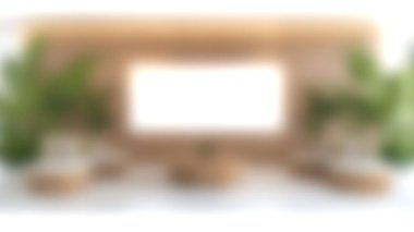 Parlak ve cezbedici modern oturma odası ahşap aksanlar, yemyeşil bitkiler ve rahat koltuklar, rahatlama ve ilham verici dekorlar için mükemmel..