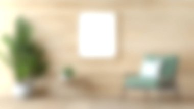 Bu resim, yeşil bir sandalye, saksı bitkileri ve ahşap bir duvarda boş bir çerçeve içeren modern bir minimalist oturma odasını sergiliyor..