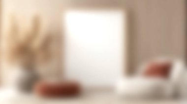 Büyük boş bir çerçeve, şık bir sandalye, yuvarlak bir puf ve sakin ve davetkar bir atmosfer için dekoratif bir bitki içeren rahat, minimalist bir iç mekan..