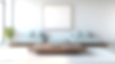 Açık mavi koltuklar ve parlak bir duvara karşı ahşap bir masa olan şık bir oturma odası, dinginlik için mükemmel ve davetkar bir atmosfer yaratıyor..