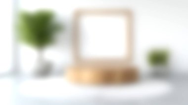 Ahşap bir platform, dekoratif bitkiler ve boş bir duvar iskeletinin yer aldığı sakin, minimalist bir iç mekan. Tasarımda zarafet ve basitlik göstermek için mükemmel..