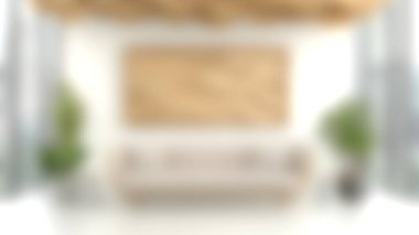 Soyut ahşap duvar sanatı, rahat bir kanepe ve canlı yeşil bitkilerin yer aldığı modern bir oturma odası. Bu şık alan rahatlamayı davet ediyor ve minimalist tasarım unsurlarını sergiliyor.