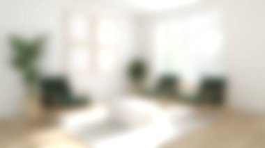 Parlak ve davetkar oturma odası modern yeşil sandalyeler, yumuşak dokular, kapalı bitkiler, ve bol doğal ışık ile rahatlatıcı bir ortam yaratmak için..