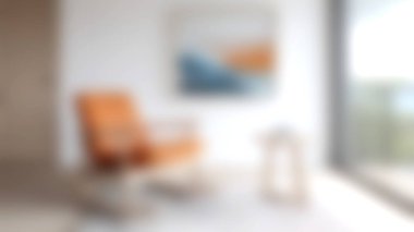 İçinde turuncu sallanan bir sandalye ve dalga boyası olan modern bir iç mekan. Mekan, doğal ışık ve minimalist tasarım ile rahatlama ve rahatlama davet ediyor..