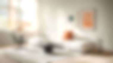 Modern mobilyalar, sıcak renkler ve rahatlama ve sosyalleşme için mükemmel rahat bir atmosfer yaratan minimal dekorun yer aldığı parlak ve havadar bir oturma odası..