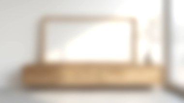 Parlak ve havadar iç dekoratif bir vazo ve dalı tamamlayan, modern yaşam alanları için mükemmel tasarlanmış ahşap bir TV standı sergiliyor..