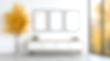 Zarif bir mobilya, sanat için boş çerçeveler ve sonbahar ağacı manzaralı sakin, modern bir oturma odası. Dekorasyon için ideal ilham..