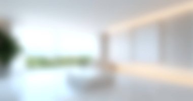 Geniş, modern minimalist oturma odası manzaralı büyük pencereler, parlak ışıklar, zarif mobilyalar ve sakin bir atmosfer..