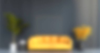 Parlak ve cezbedici modern oturma odası sarı bir kanepe, yemyeşil bitkiler ve zarif dekorasyon unsurlarıyla. Rahatlama ve estetik cazibe için mükemmel bir mekan..