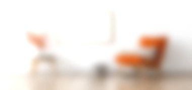 İçinde turuncu sallanan bir sandalye, şık bir masa ve en az dekorun olduğu rahat, modern bir oturma odası. İç tasarımda rahatlık ve estetik cazibe göstermek için mükemmel..