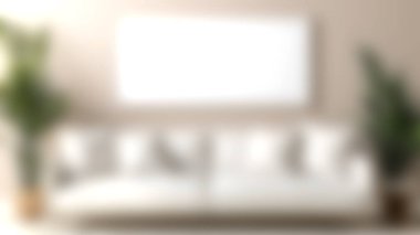 Yumuşak beyaz yastıklarla süslenmiş, yumuşak bej bir duvara karşı canlı yeşil bitkilerle tamamlanmış, dingin ve davetkar bir atmosfer yaratan modern bir minimalist oturma odası keşfedin..