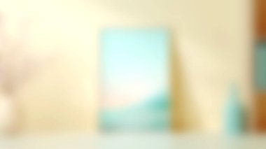 Sükunet ve zarafeti çağrıştıran, soyut bir sanat çerçevesi, yumuşak renk paleti ve dekoratif unsurlara sahip minimalist bir tasarımın yer aldığı rahatlatıcı bir iç mekan..