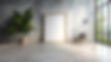 Geniş bir pencere, dekoratif bir bitki ve modern iç tasarım kavramlarını sergilemek için mükemmel basit mobilyalar içeren şık ve minimalist bir iç mekan..