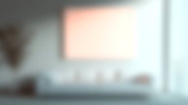 Pahalı beyaz bir kanepe, büyük boş bir sanat çerçevesi ve biraz yeşillik içeren, huzurlu ve modern bir atmosfer yaratan parlak ve havadar bir oturma odası..