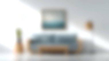 Rahat bir oturma odası sahnesi modern bir kanepe, minimalist dekor ve parlak doğal ışık, dinlenme ve toplanma için ideal huzurlu bir atmosfer yaratıyor..