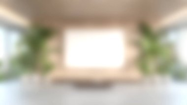 Modern bir oturma odasında, tropikal bitkiler tarafından şık kaplarda çerçevelenmiş büyük boş bir tuval sergilenir. Huzurlu tasarım yaratıcılığı ve rahatlamayı davet eder..