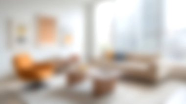 Rahat mobilyaları olan modern bir oturma odası. Turuncu bir koltuk ve nötr kanepe zarafet yaratırken, büyük pencereler çarpıcı bir şehir manzarası sunuyor..