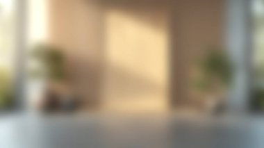 Dekoratif saksı bitkilerinin yanında ahşap bir kapı sergilenen sakin bir minimalist iç mekan. Bu modern alan basitliği, zarafeti ve sükuneti vurgular..