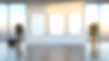 Güneşli bir duvarda boş çerçeveler olan gösterişli, modern bir iç mekan. Saksı bitkileri sakin atmosferi güçlendirir, canlı bir şehir gökyüzü manzarası ile tamamlanır..