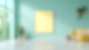 Sarı aksanlı duvarı, yeşil bitkisi ve rahat bir kanepesi olan parlak ve modern bir oturma odası. Minimalist tasarım ve iç estetik için mükemmel..