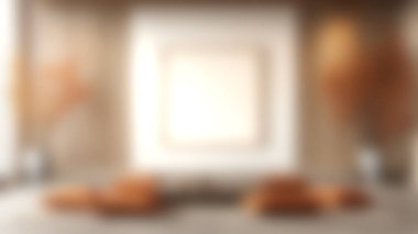 Boş bir çerçeve, sıcak turuncu yastıklar ve dekoratif sonbahar bitkilerinin yer aldığı sakin, modern bir iç mekan, minimalist bir alanda zarafet ve konfor sergiliyor..